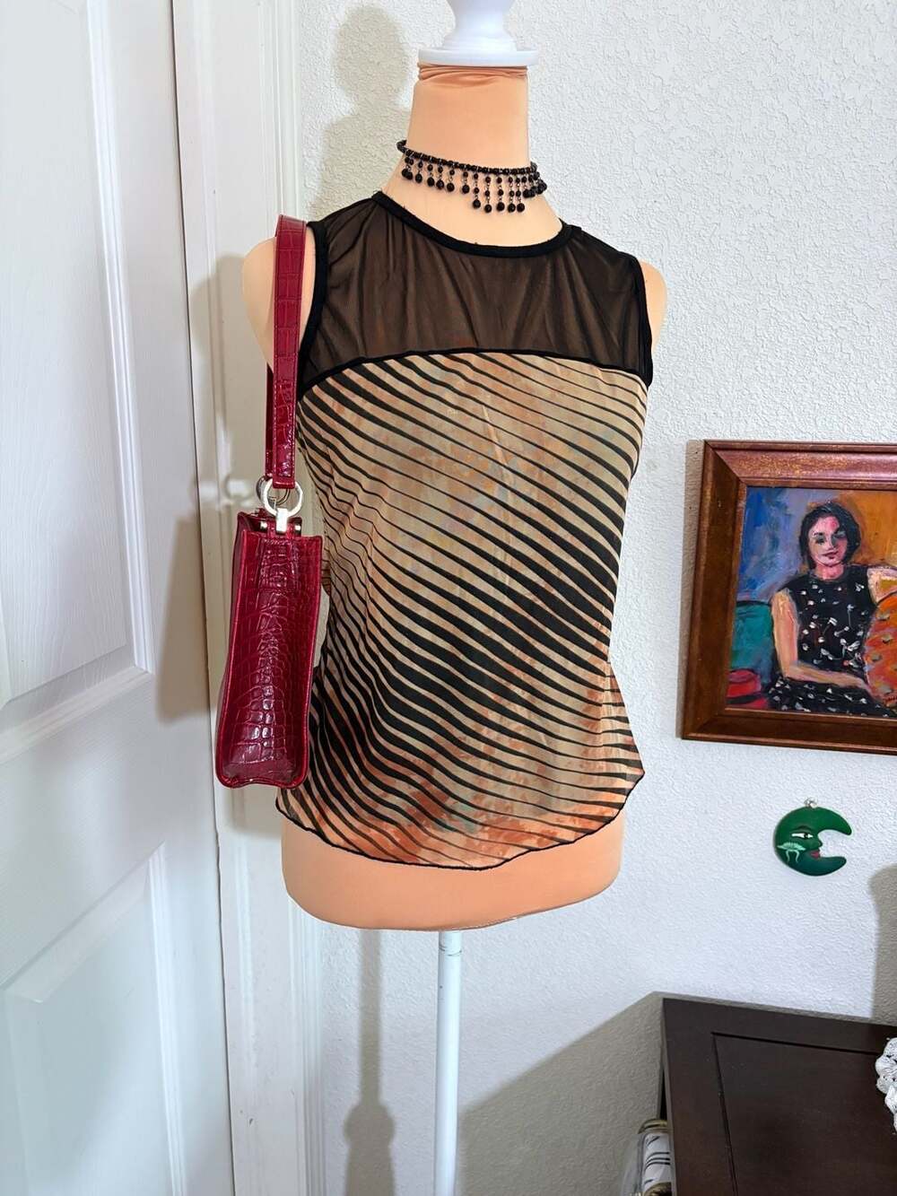 Vintage Sheer Mesh Striped Tank Top Y2K Grunge Brown Black
